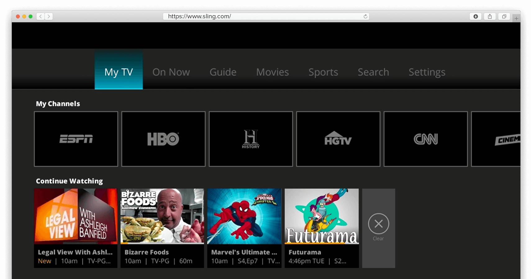 Captura de pantalla de la p&aacute;gina principal de Sling TV.